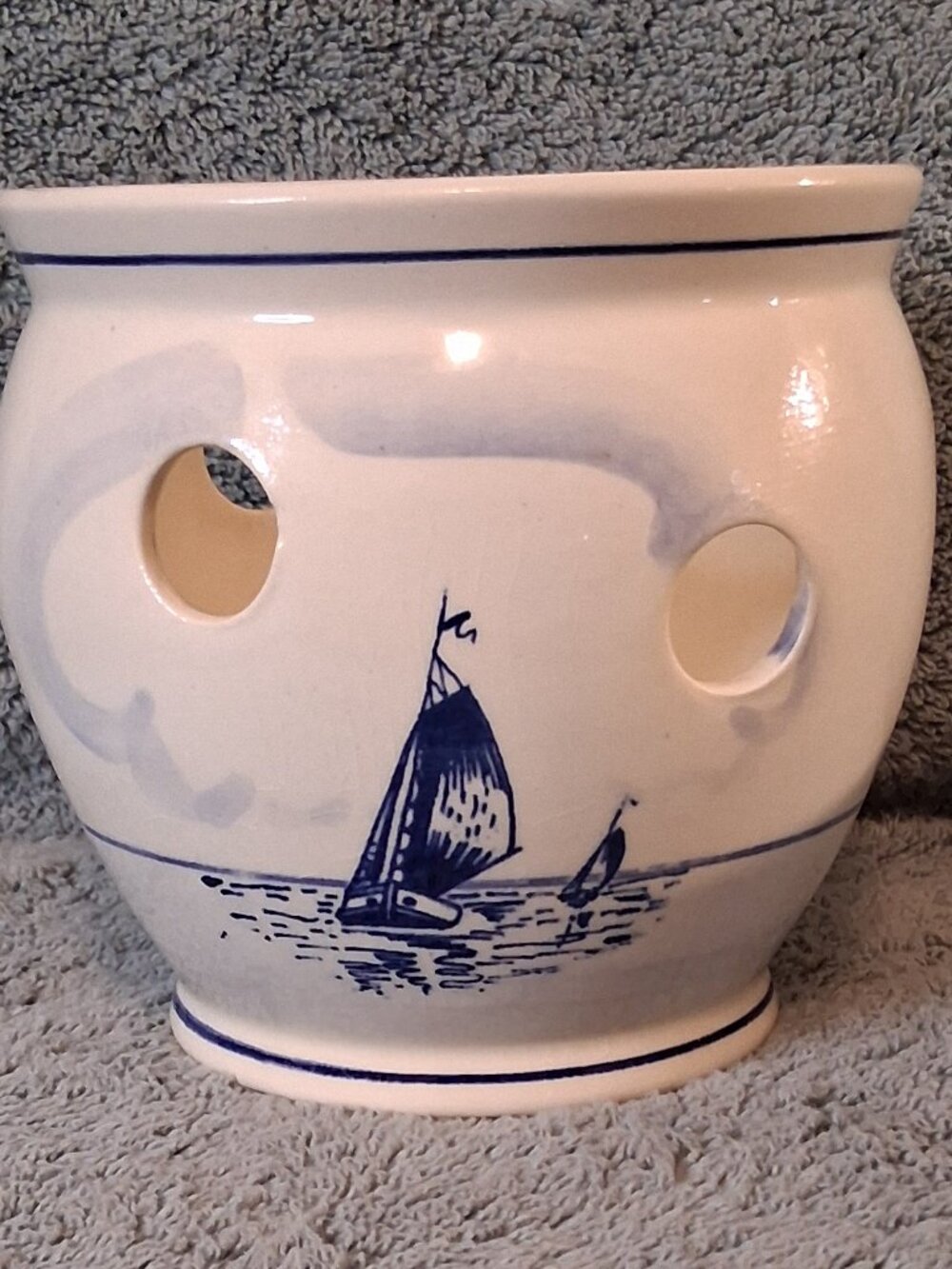 Vt'g Delft Blue Ceramic Bulb Pot Planter | Holland Windmill Sailboat | Breck's - Picture 14 of 16